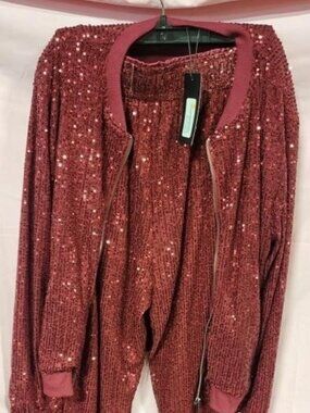 W.A.Y. BURGUNDY SEQUINED JOGGER JACKET and PANTS SET - SMALL - BURGUNDY